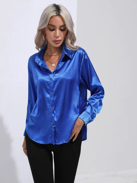 Valérie Blusa Raso Donna – Camicetta Elegante a Maniche Lunghe, Vestibilità Ampia e Brillante