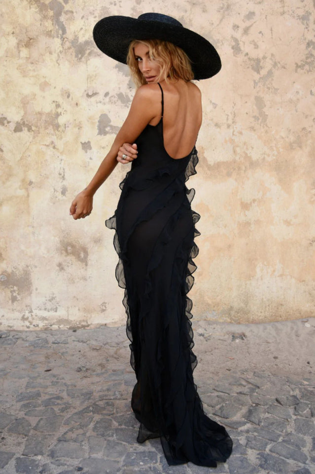 Robe Longue Donna Ashtine – Abito d’Estate Leggera a Balze con Gonna a Étages & Look di Plage