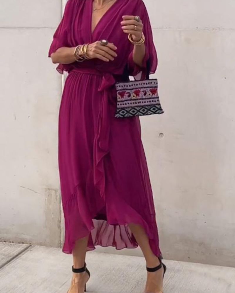 Robe Donna Cristi – Elegante Abito Portefeuille con Manches Chauve-Souris & Ourlet Asymétrique