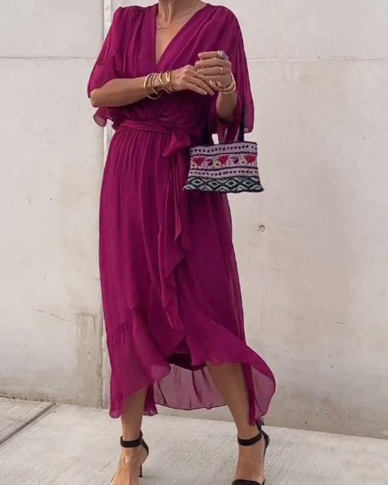 Robe Donna Cristi – Elegante Abito Portefeuille con Manches Chauve-Souris & Ourlet Asymétrique