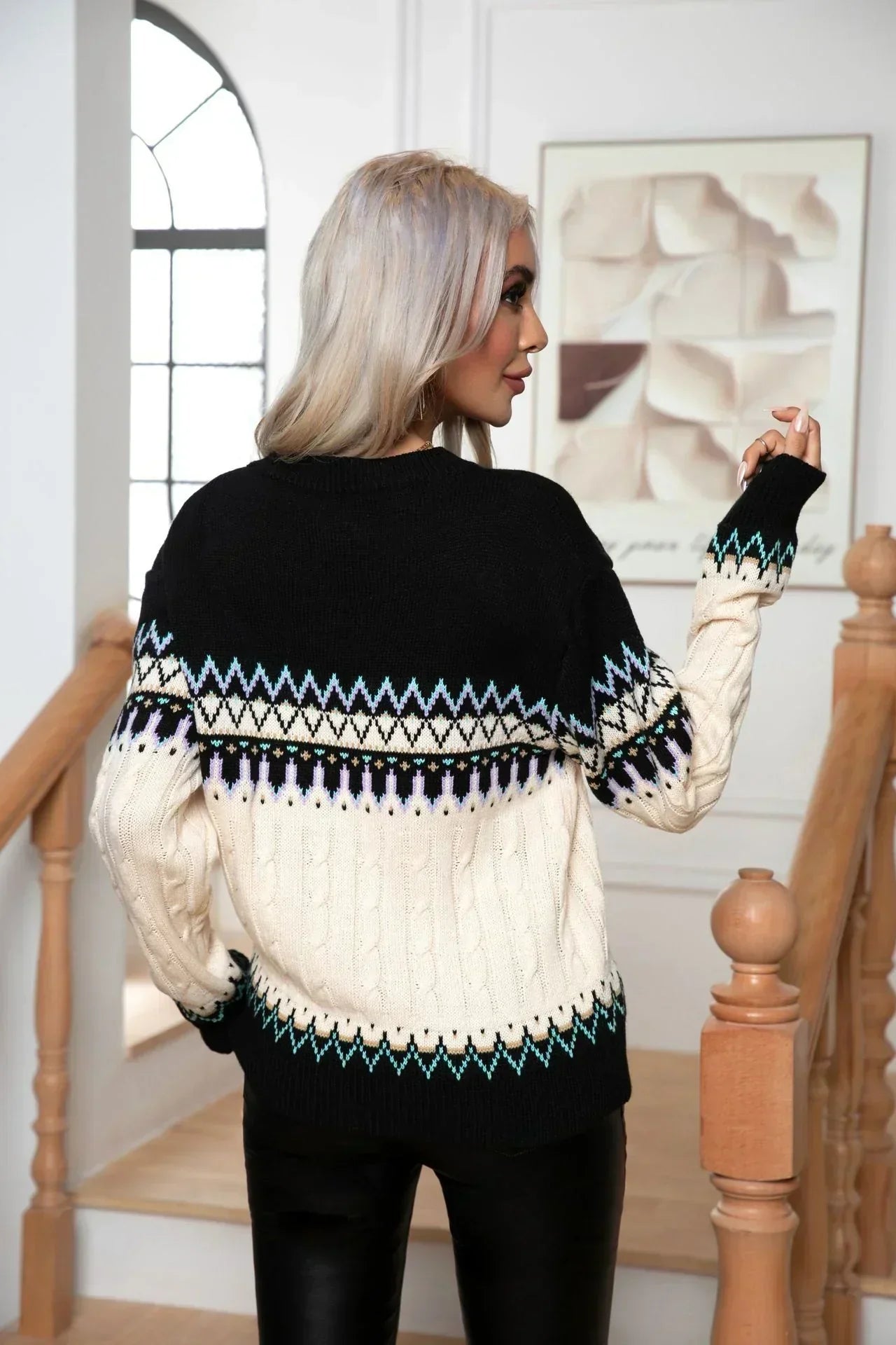 Samira Maglione Donna – Maglione Norvégien Elegante in Maglia Chaude con Motifs Géométriques