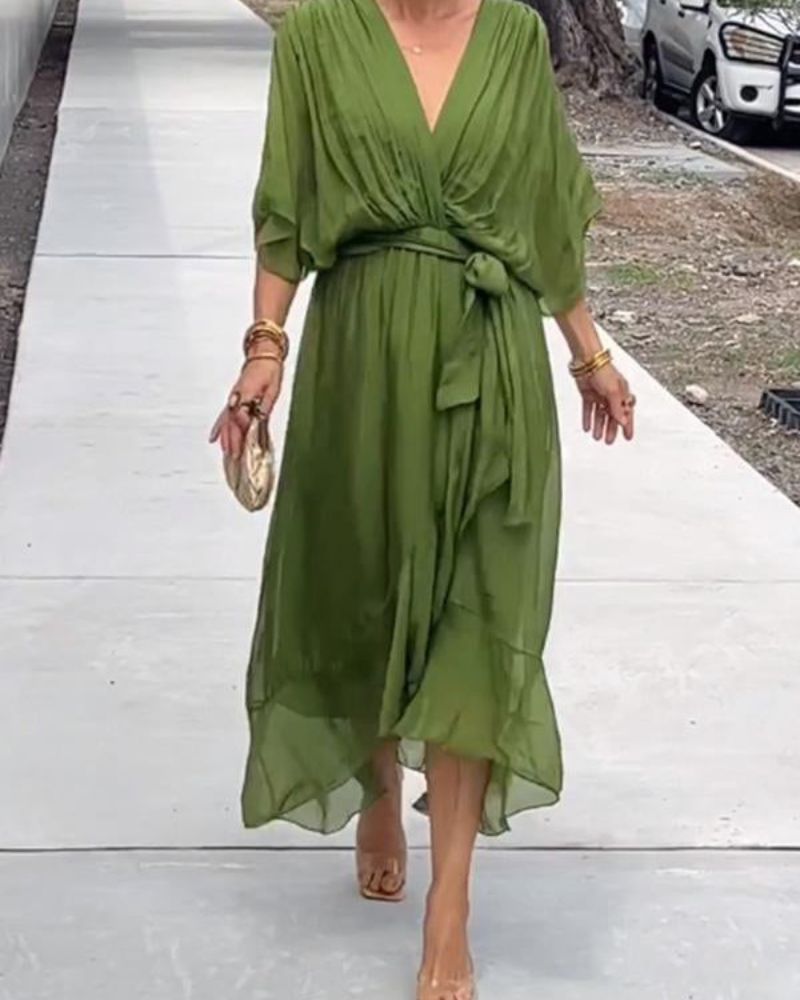 Robe Donna Cristi – Elegante Abito Portefeuille con Manches Chauve-Souris & Ourlet Asymétrique