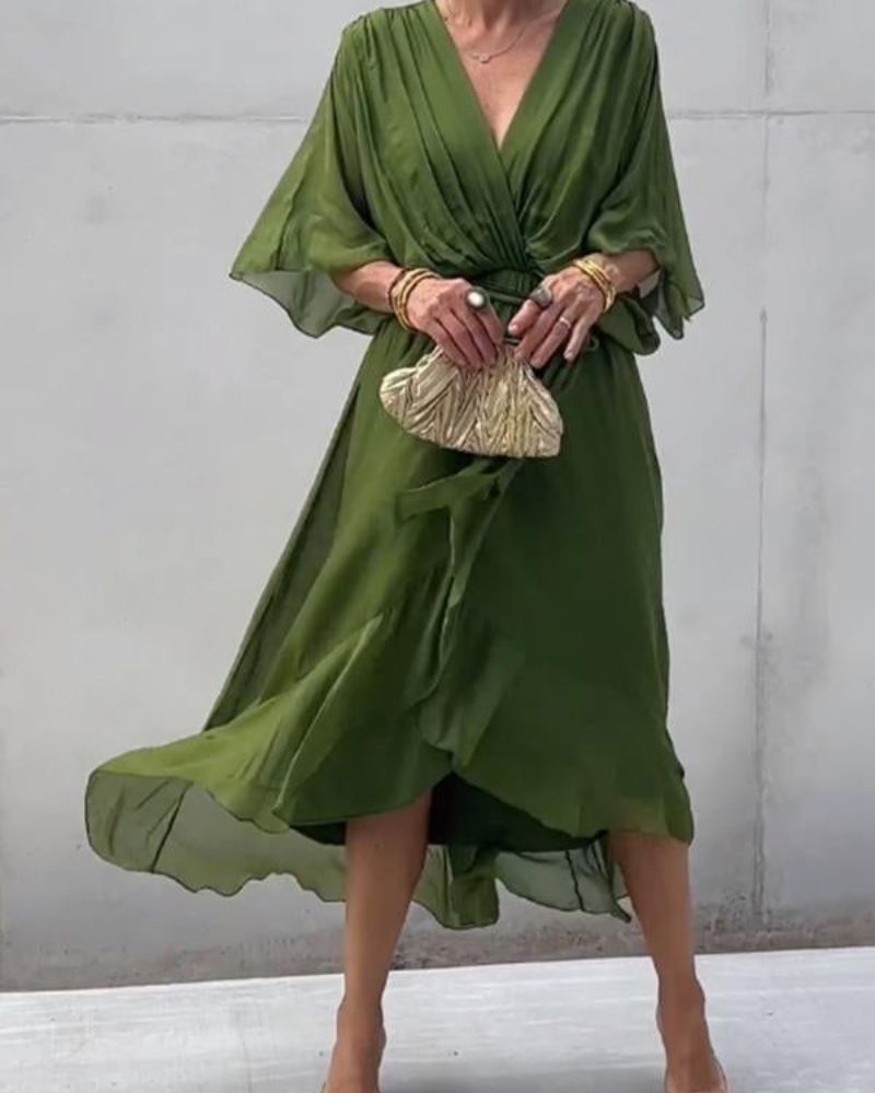 Robe Donna Cristi – Elegante Abito Portefeuille con Manches Chauve-Souris & Ourlet Asymétrique