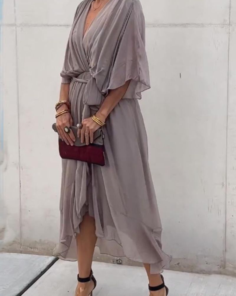 Robe Donna Cristi – Elegante Abito Portefeuille con Manches Chauve-Souris & Ourlet Asymétrique