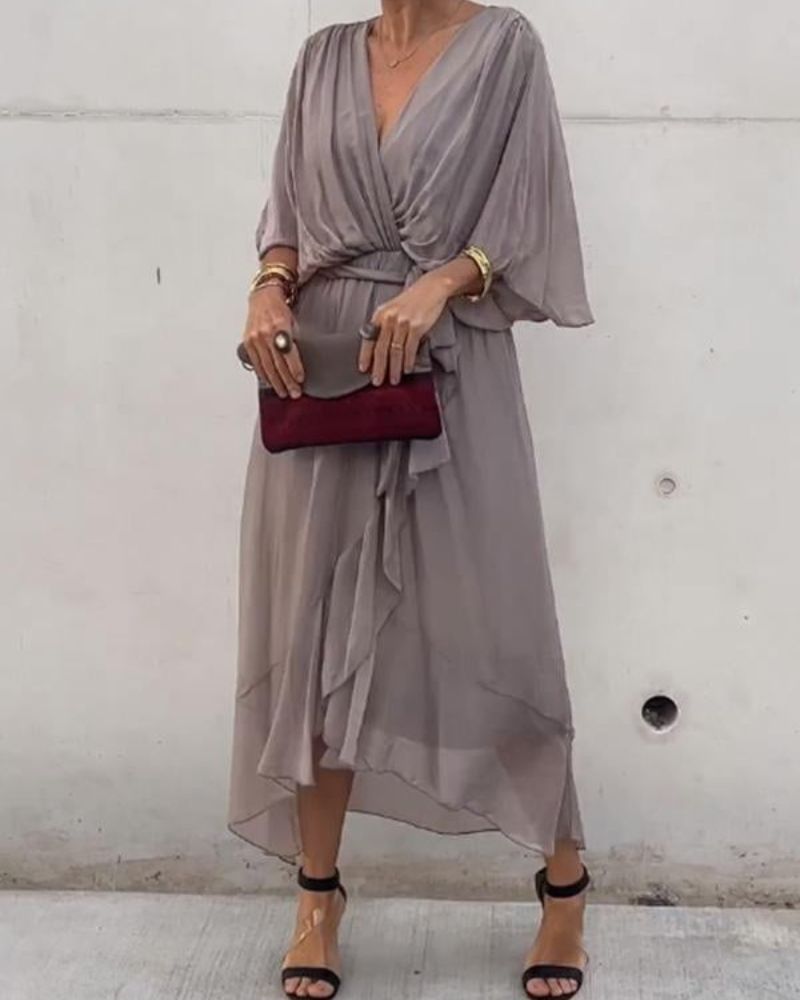 Robe Donna Cristi – Elegante Abito Portefeuille con Manches Chauve-Souris & Ourlet Asymétrique