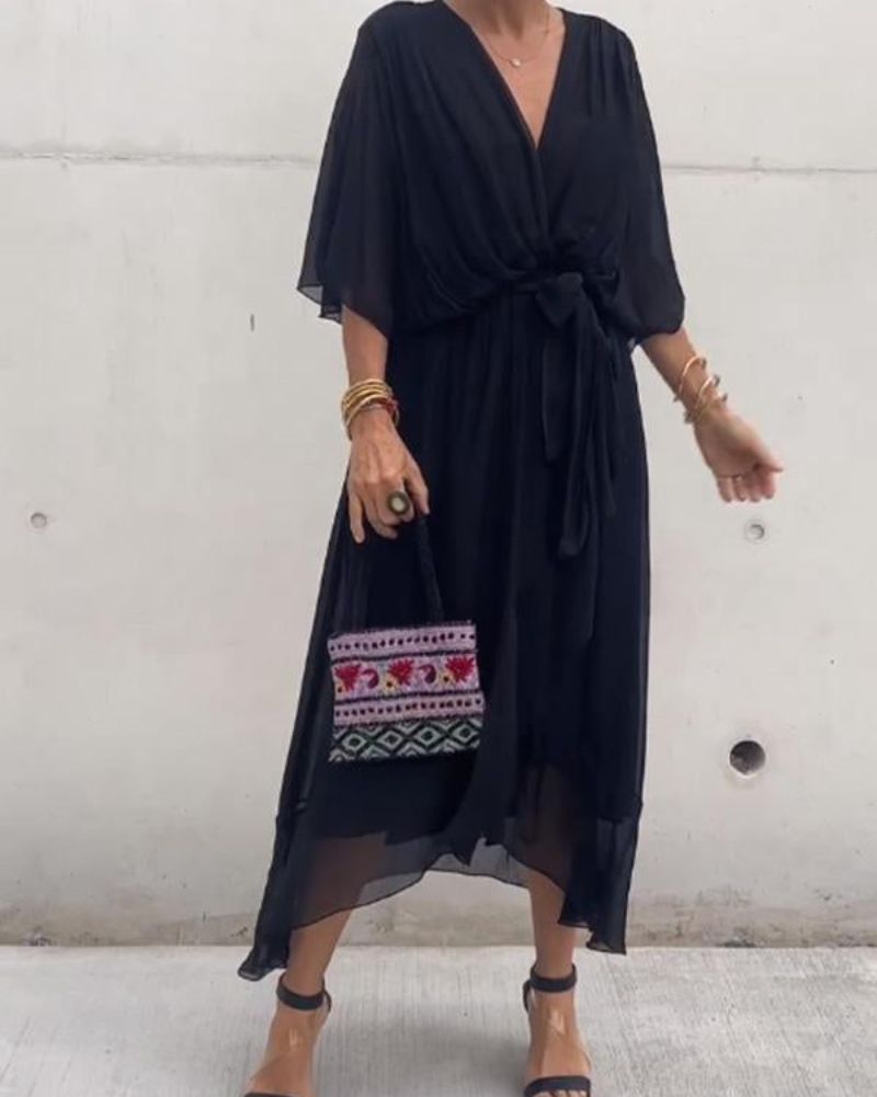 Robe Donna Cristi – Elegante Abito Portefeuille con Manches Chauve-Souris & Ourlet Asymétrique