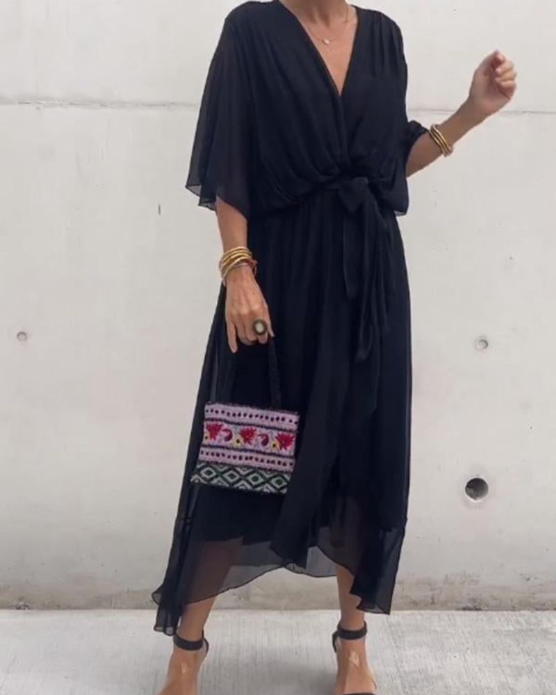 Robe Donna Cristi – Elegante Abito Portefeuille con Manches Chauve-Souris & Ourlet Asymétrique