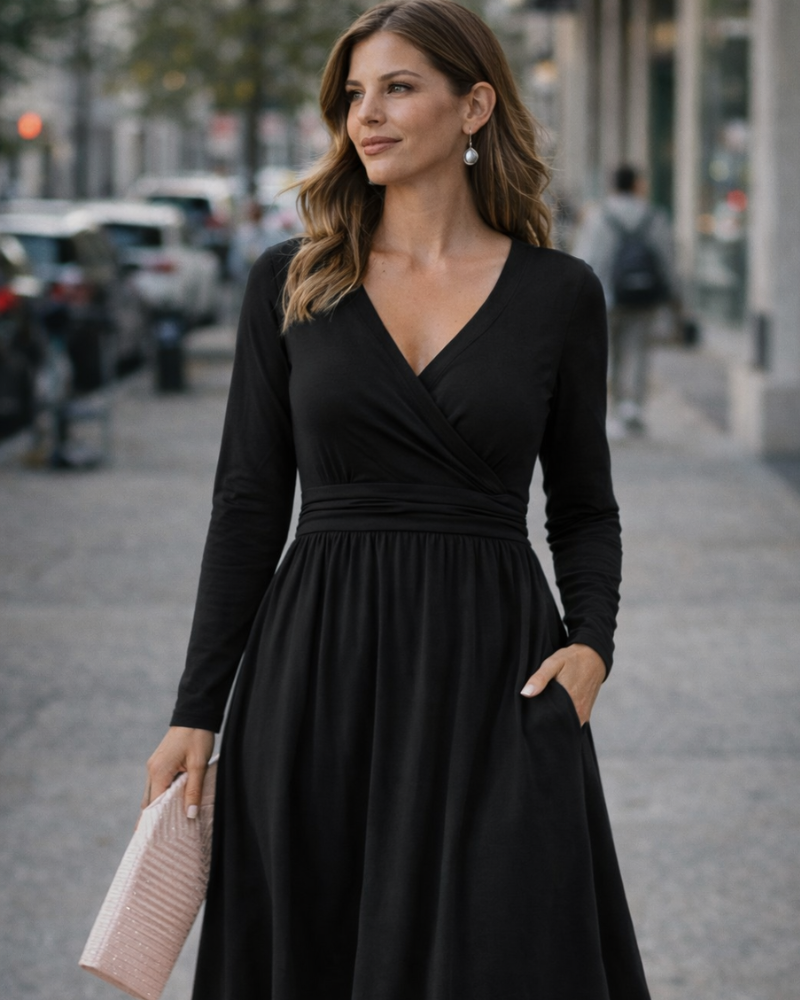Regina Abito Donna – Scollo a V Uni, Maniche Lunghe & Linea a Trapezio Midi con Tasche