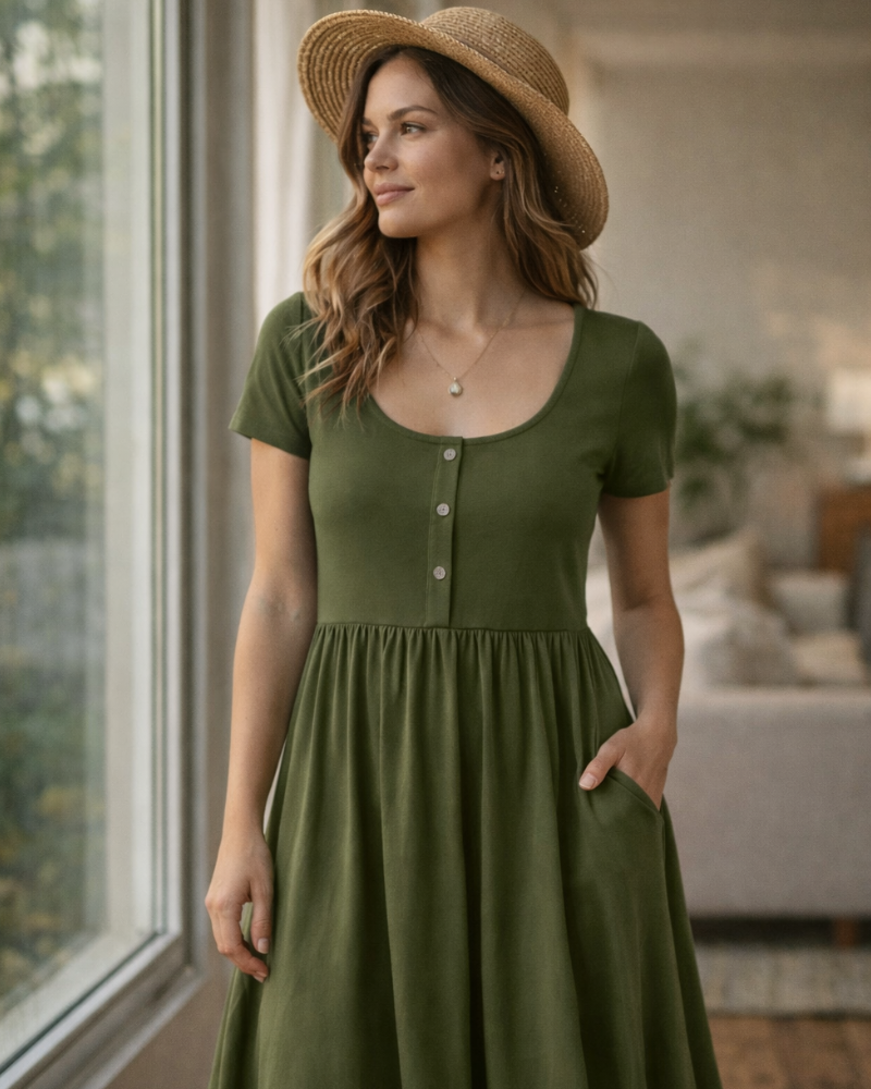 Maloi Abito Donna – Girocollo, Linea a Trapezio Midi & Vita Elastica con Tasche Estate