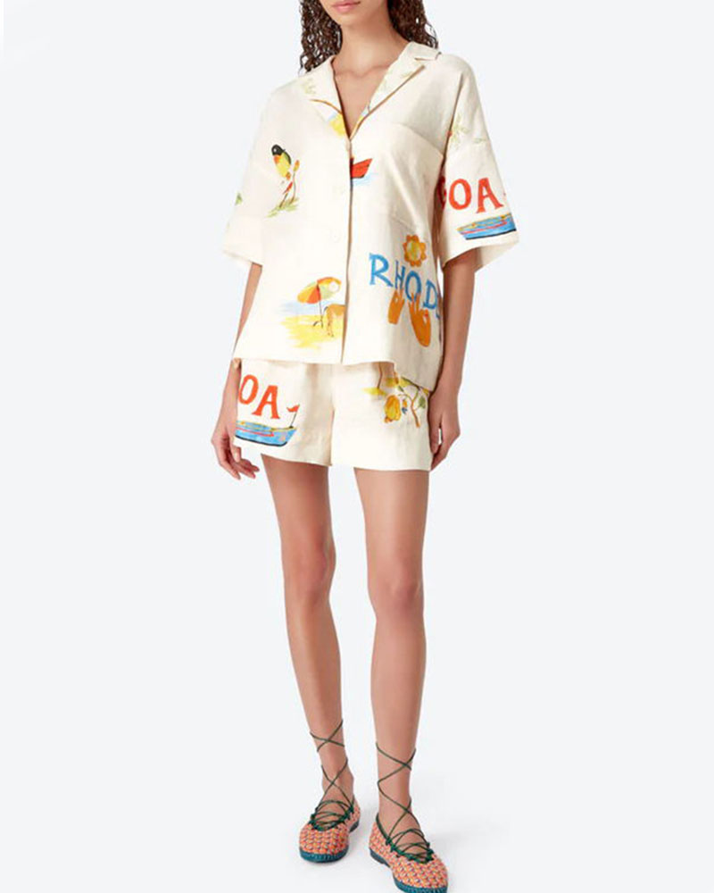 Stella Ensemble in Lin Donna – Coordonné Estival con Stampa Tropical, Camicia Leggera & Short Confortevole