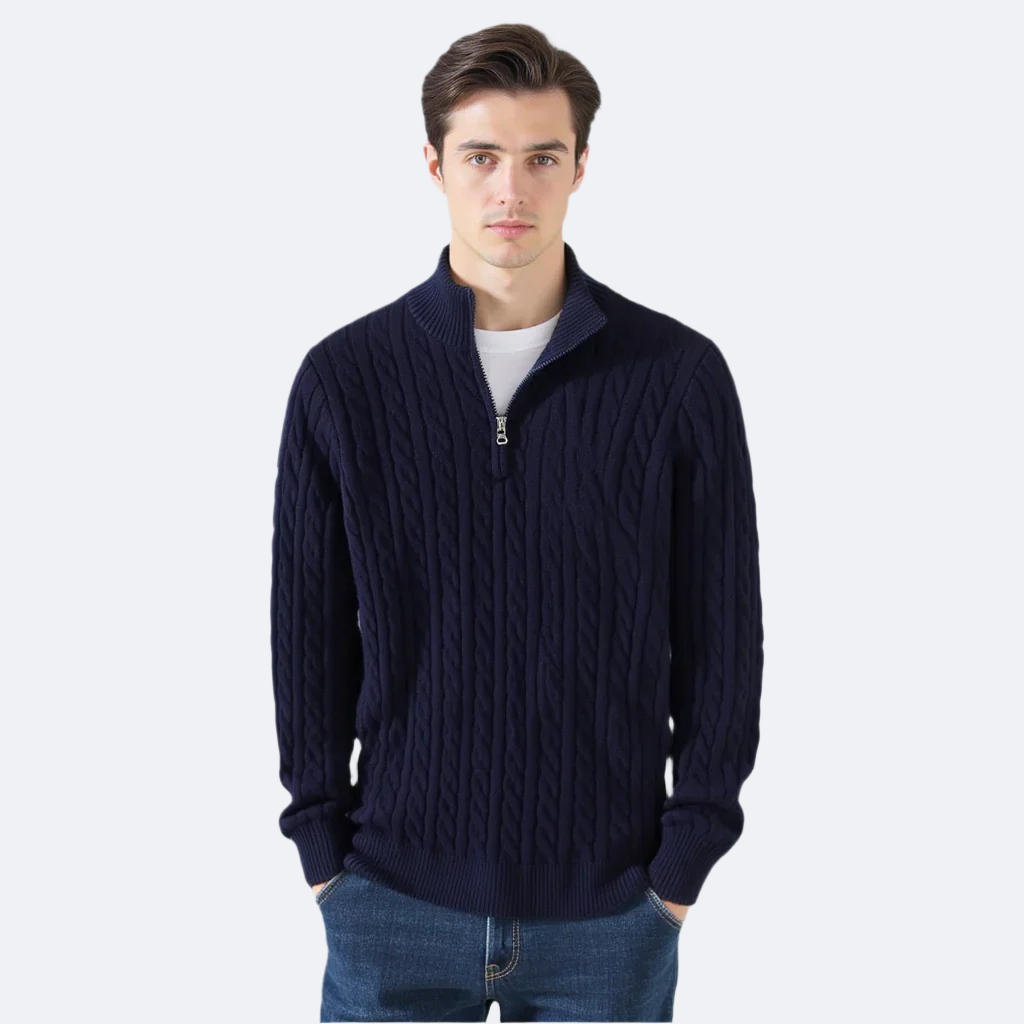 Pull Kiel Uomo a Demi-Zip in Maglia Torsadée – Maglione Elegante a Col Montant in Mélange di Lana al Style Classique