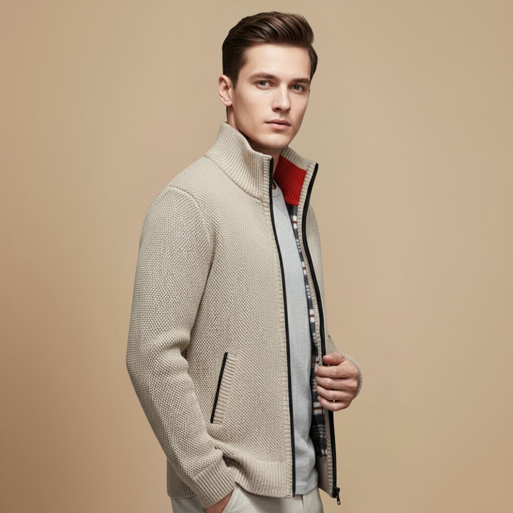 Jeffrey Cardigan Zippé Uomo – Maglione Épais in Maglia con Col Montant & Doublure Chaude