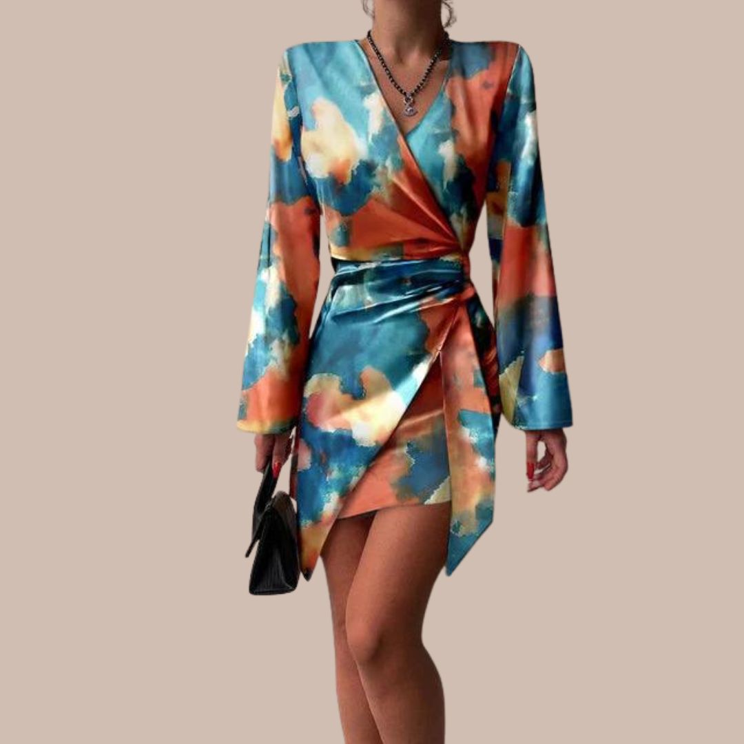 Jena Abito Portefeuille Donna – Stampa Texte, Décolleté in V, Maniche Lunghe Eleganti