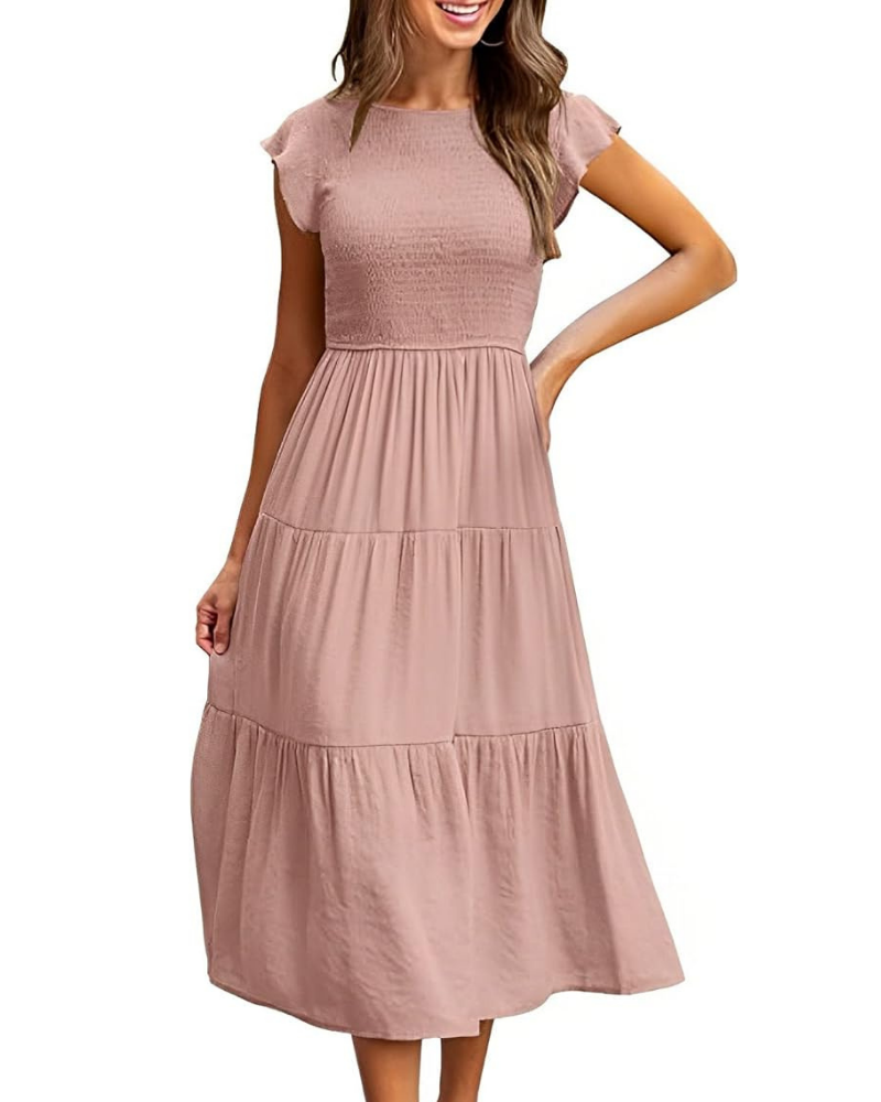 Greta Abito Midi Donna – Girocollo, Manches Balze & Vita Elastica a Trapezio Estate