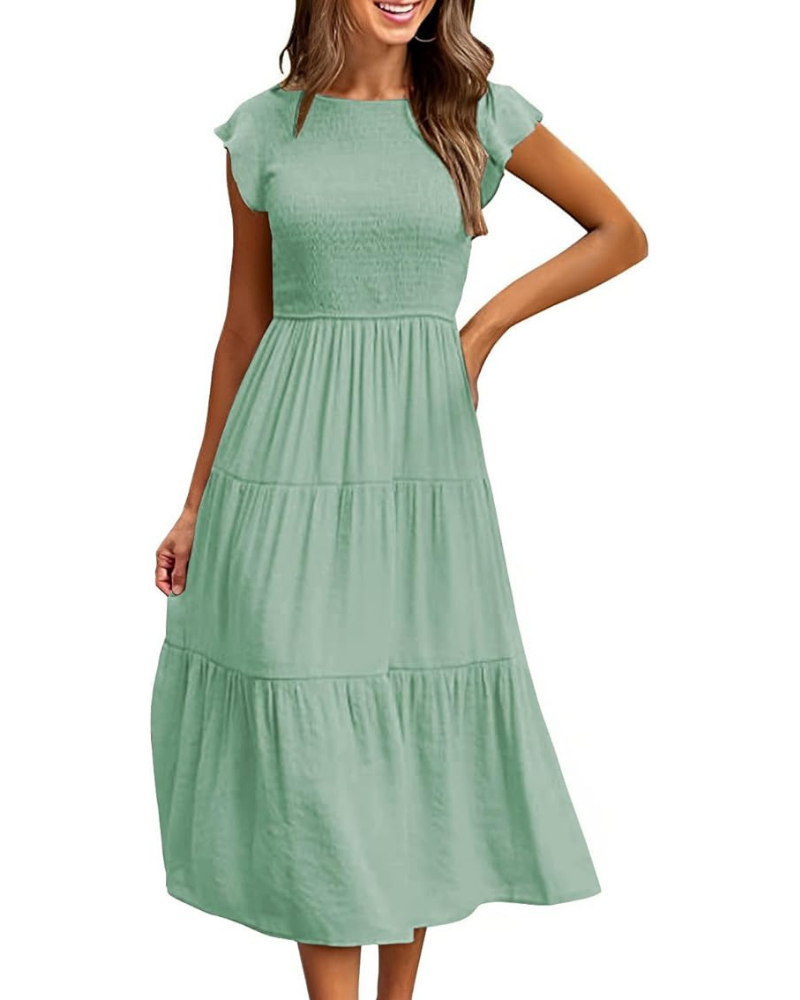 Greta Abito Midi Donna – Girocollo, Manches Balze & Vita Elastica a Trapezio Estate