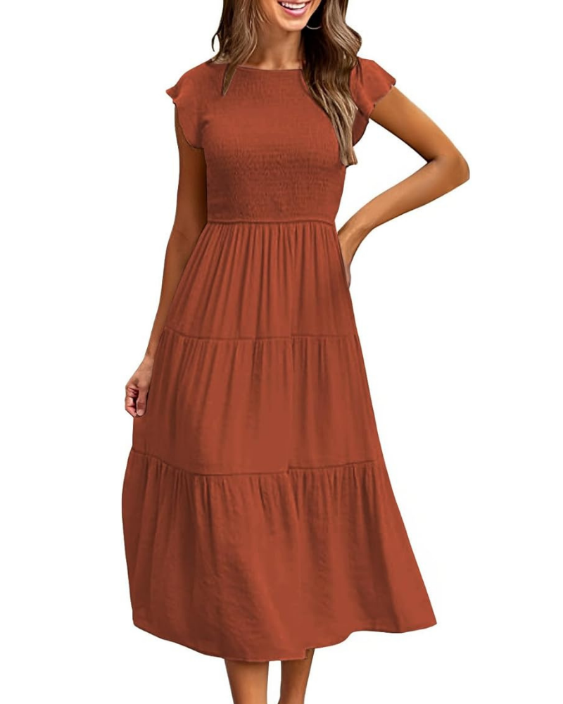Greta Abito Midi Donna – Girocollo, Manches Balze & Vita Elastica a Trapezio Estate