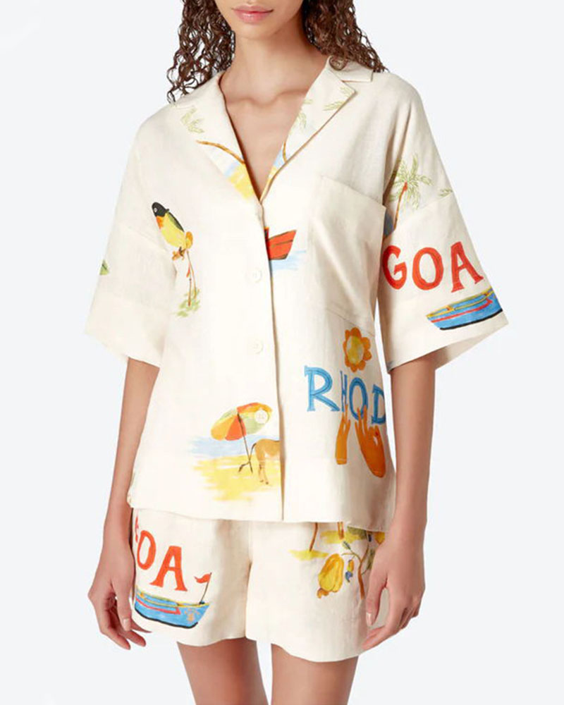 Stella Ensemble in Lin Donna – Coordonné Estival con Stampa Tropical, Camicia Leggera & Short Confortevole