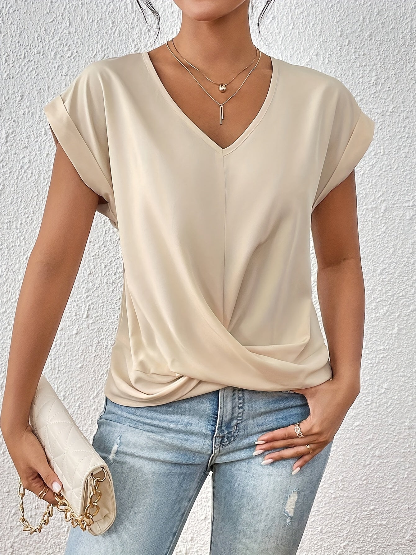 Yasmine Top Donna – Col in V con Détail Nœud, Drapé Elegante & Linea Confortevole
