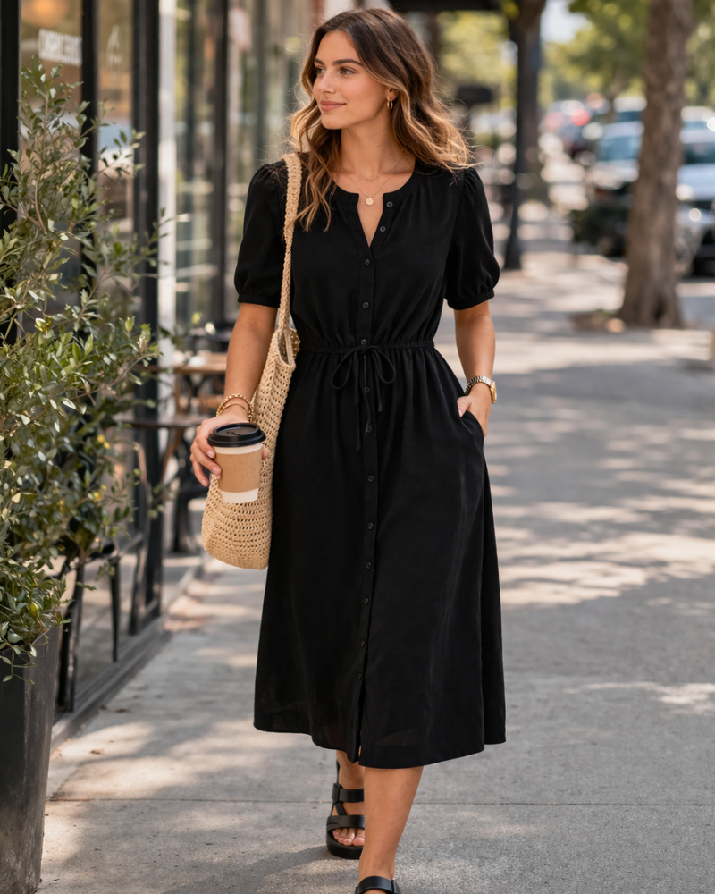 Krishna Abito Donna – Linea a Trapezio Ajustée, Maniche Corte & Gonna Évasée Midi con Tasche