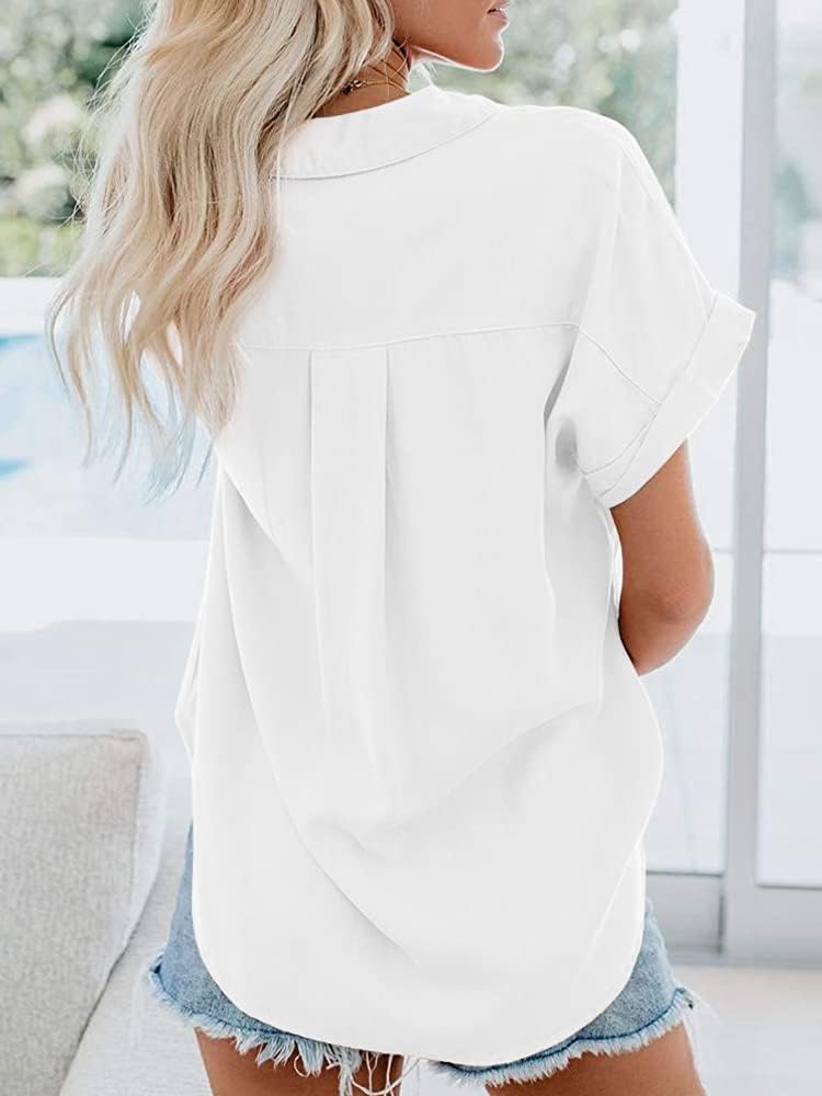Keana Blusa Donna Cotone – Scollo a V, Maniche Corte, Boutonnée, Poche Estate
