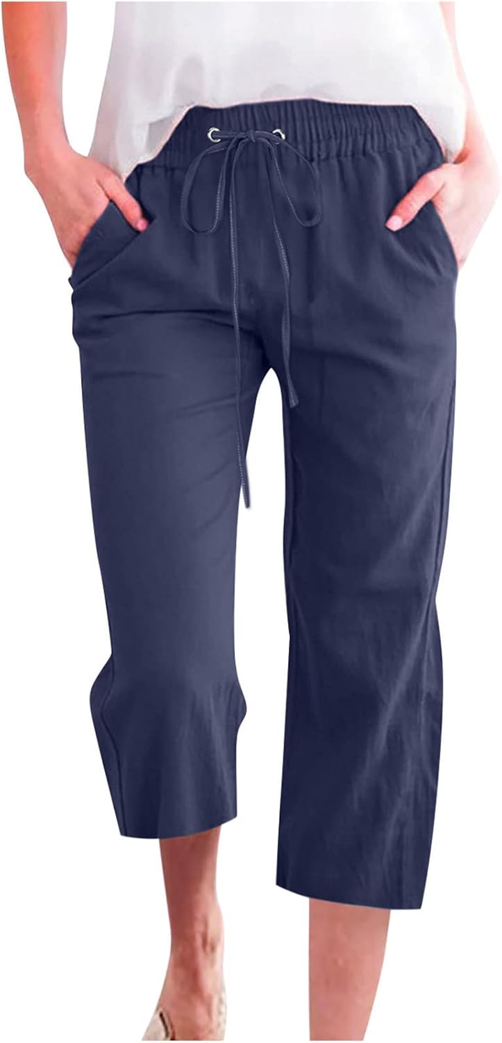 Vinia Pantalone Donna Capri Lin – Linea Large, Vita Elastica, Leggero Estate Chic