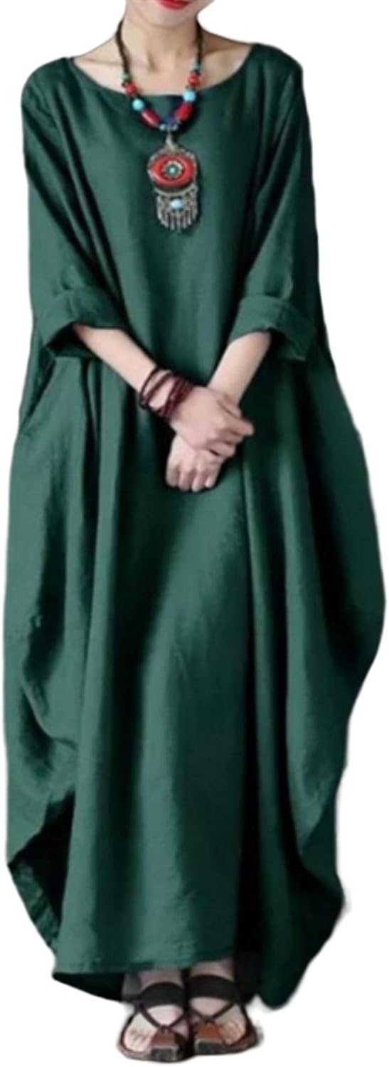 Sandy Abito Longue Donna – Abito Maxi Cotone-Lin Vestibilità Ampia Girocollo Manches 3/4 Elegante