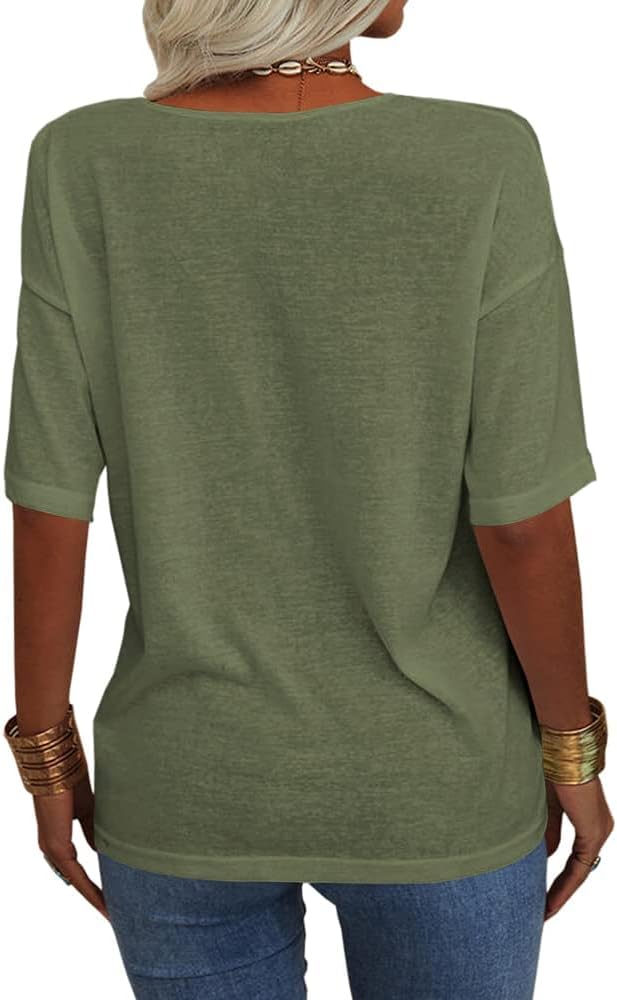 Mila T-Shirt Donna Scollo a V – Top Oversize Manches Mi-Longues Fluida Casual Estate