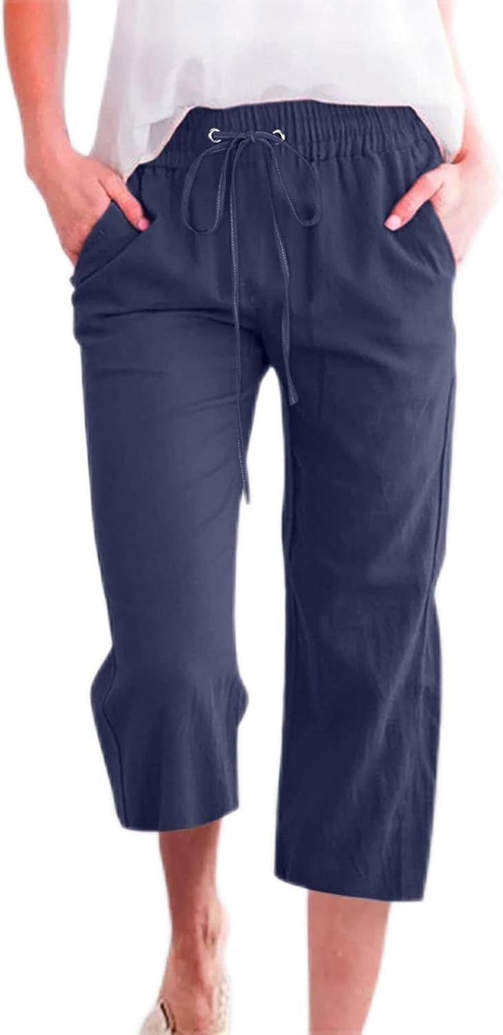 Vinia Pantalone Donna Capri Lin – Linea Large, Vita Elastica, Leggero Estate Chic