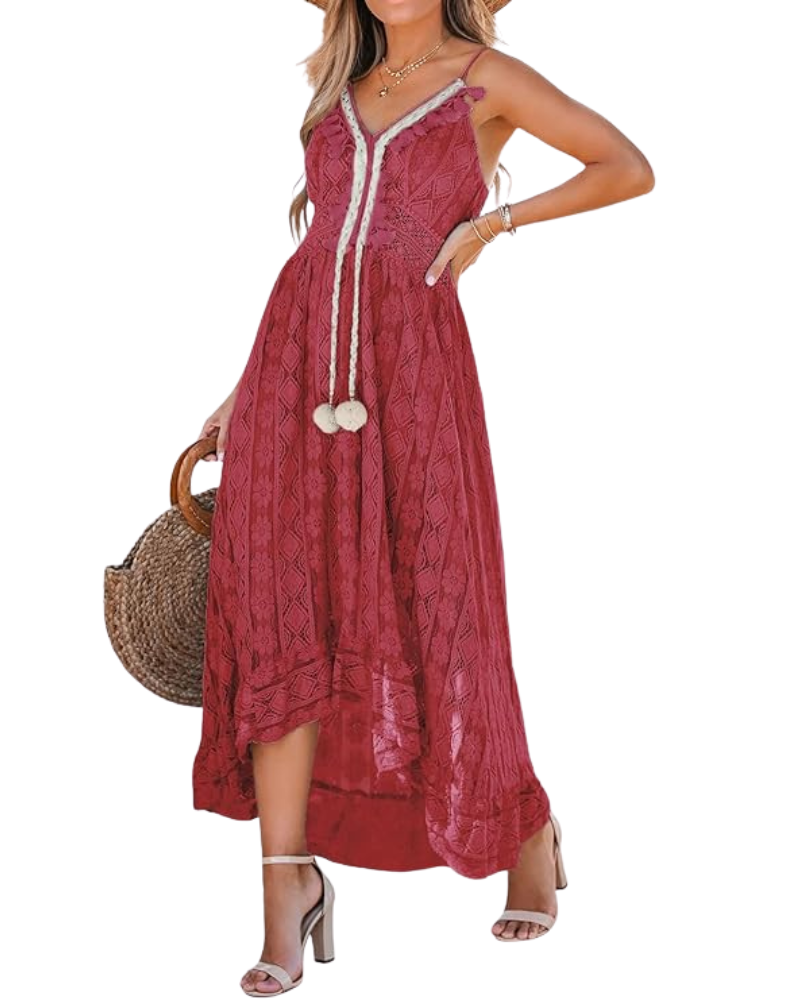 Penelope Abito Donna Maxi Bohémien – Scollo a V Lacé, Balze, Bretella Réglables Estate