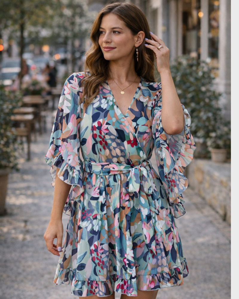 Odessa Abito Donna – Cache-Cœur Scollo a V Floral, Manches Cloche & Mousseline Mini Elegante