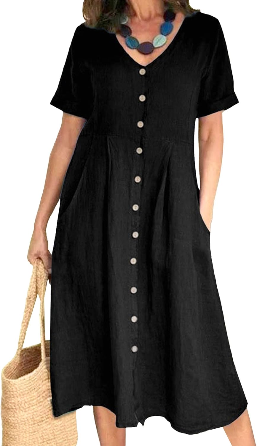 Glaiza Abito Donna Maxi Lin – Scollo a V, Boutonnée, Maniche Corte Grande Taille Estate