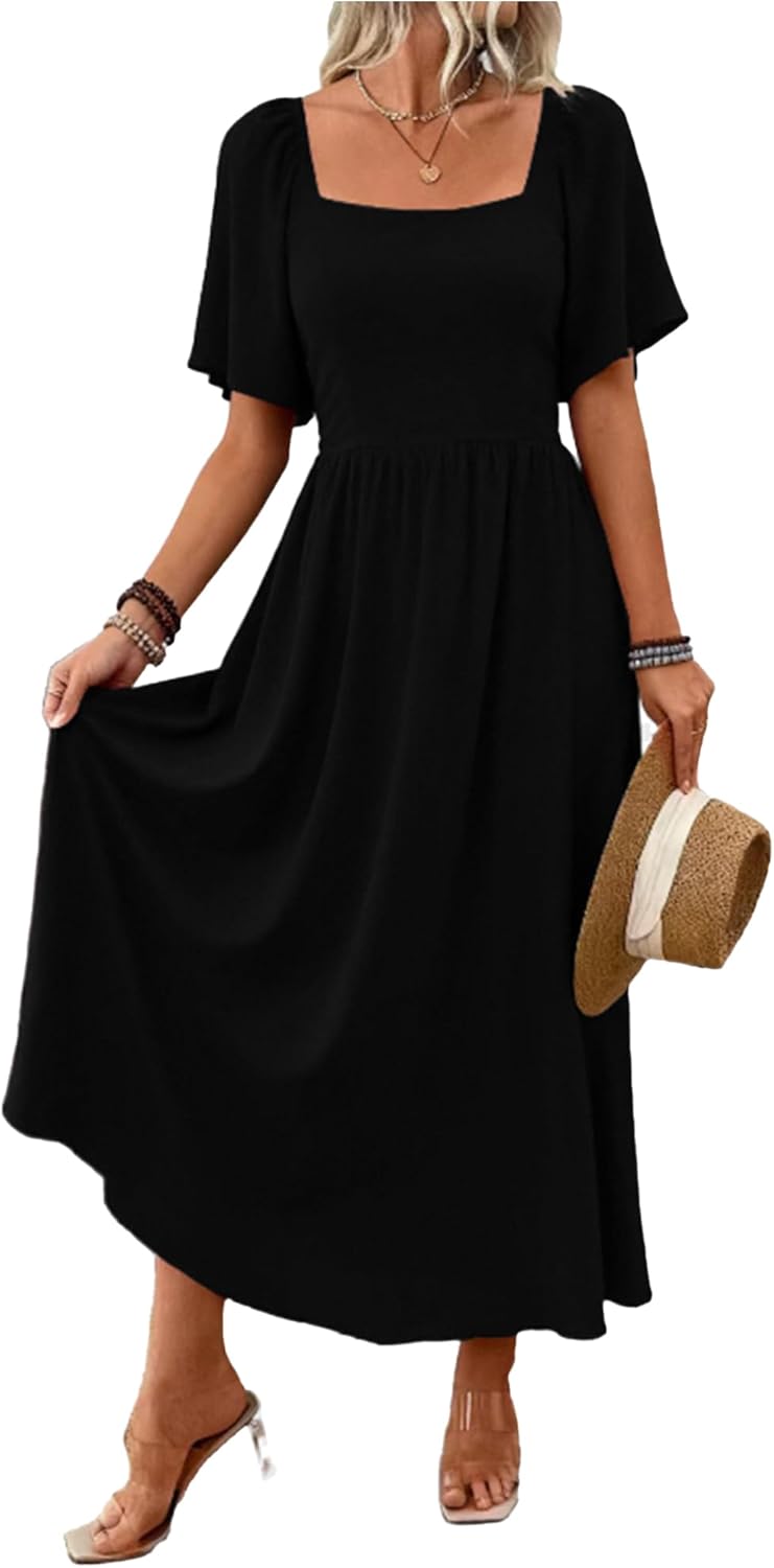 Patricia Abito Donna Maxi – Scollo Quadrato, Linea a Trapezio Fluida, Manches Chauve-Souris Estate