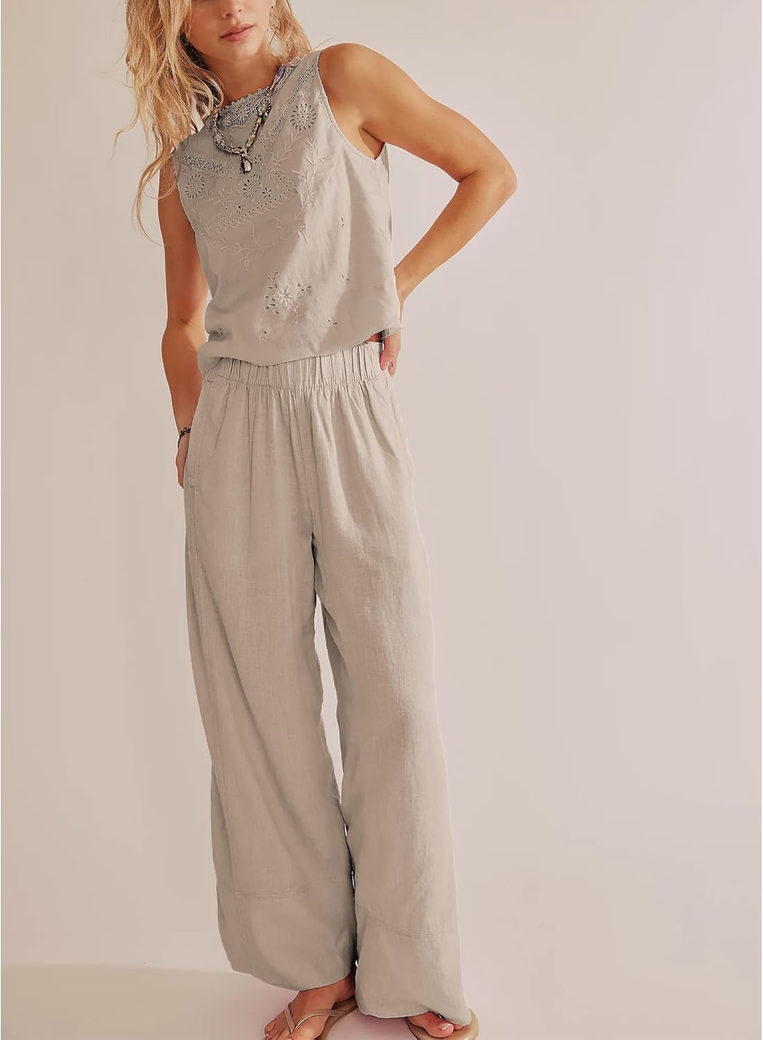 Milan Pantalone Donna – Pantalone Lin Palazzo Large Vita Elastica & Tasche