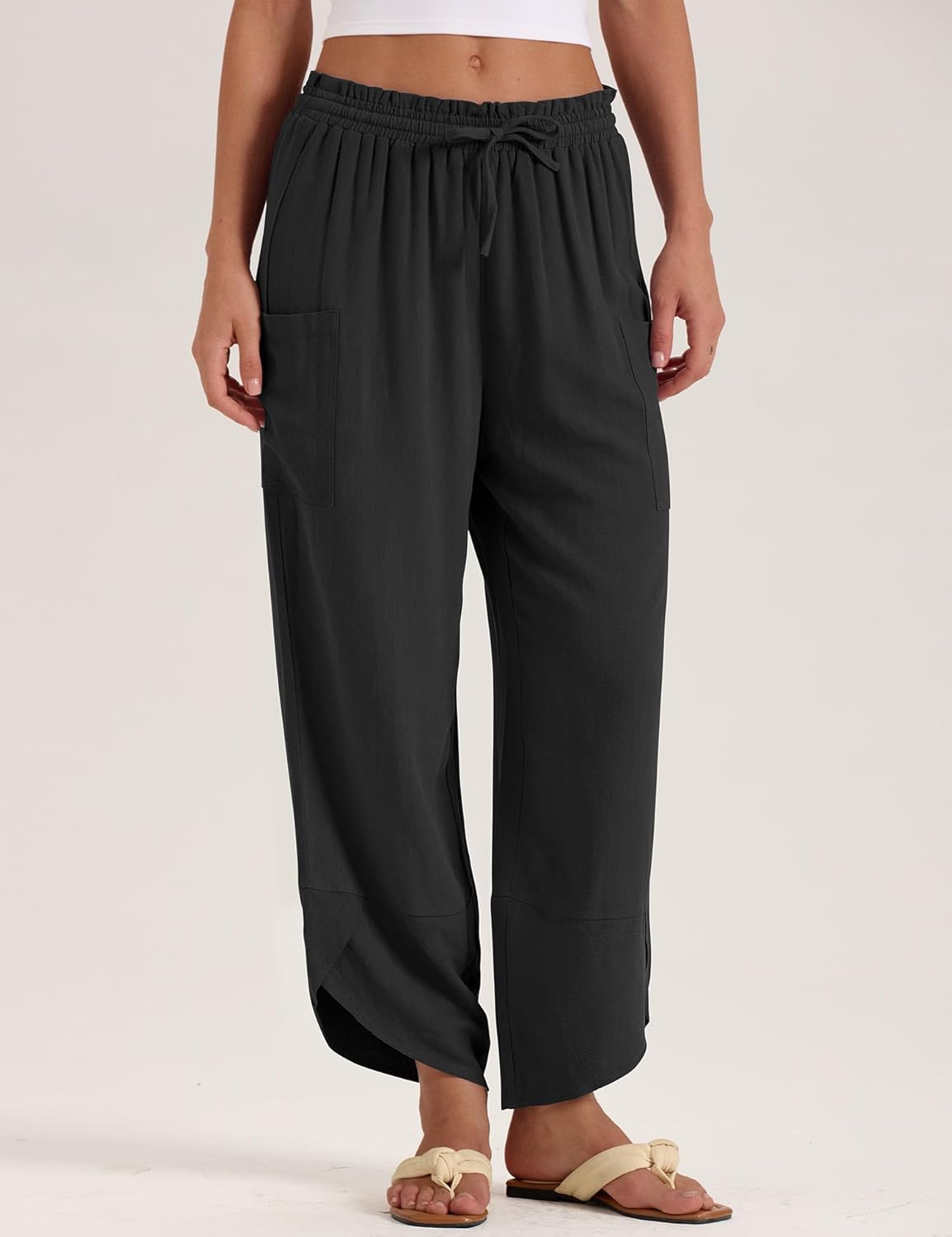 Jade Pantalone Donna – Capri Palazzo Lin Bohémien Large Vita Elastica & Tasche