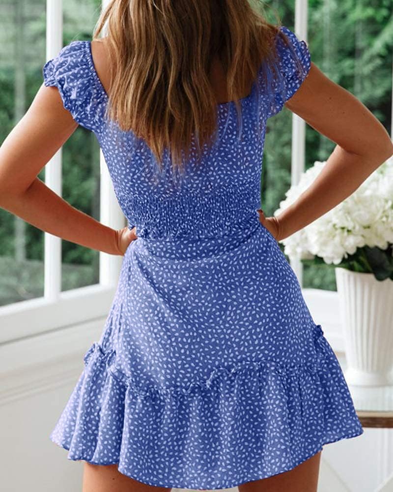 JoAnn Abito Donna Mini a Fiori – Col Cœur, Manches Balze, Taille Smockée Estate