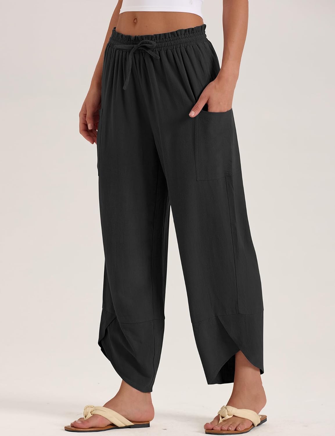 Jade Pantalone Donna – Capri Palazzo Lin Bohémien Large Vita Elastica & Tasche