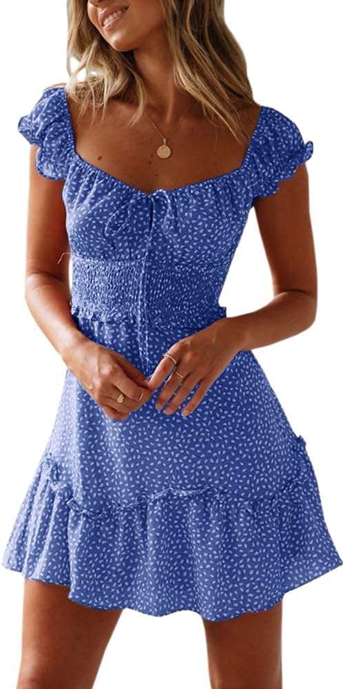 JoAnn Abito Donna Mini a Fiori – Col Cœur, Manches Balze, Taille Smockée Estate