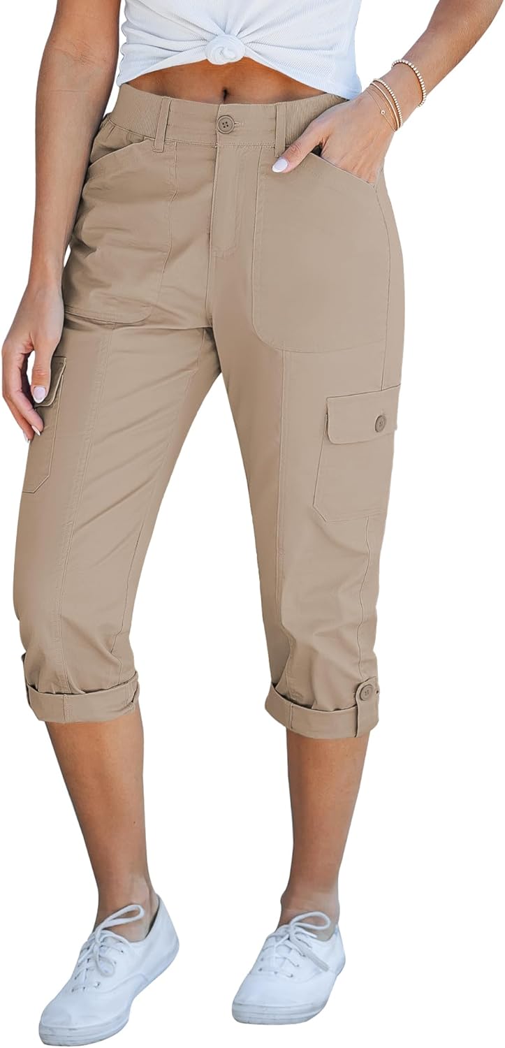 Laurice Pantalone Donna Cargo Capri – Vita Alta Elastica, Multi Tasche Casual