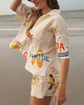 Stella Ensemble in Lin Donna – Coordonné Estival con Stampa Tropical, Camicia Leggera & Short Confortevole