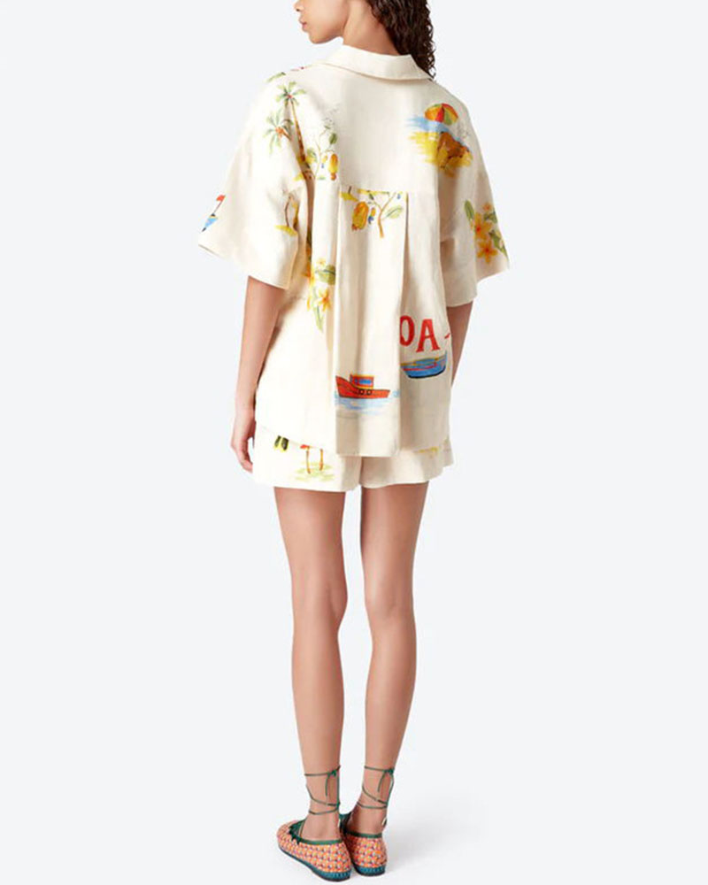 Stella Ensemble in Lin Donna – Coordonné Estival con Stampa Tropical, Camicia Leggera & Short Confortevole