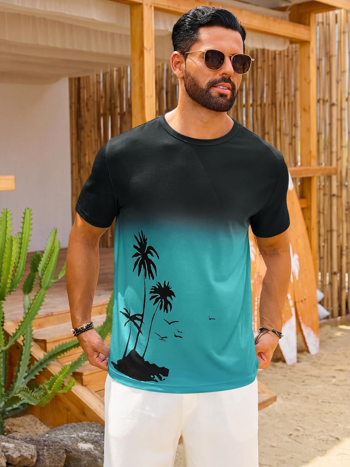 Liam T-Shirt Uomo – Tee-Shirt Dégradé Palmier, Style Vintage Plage & Casual