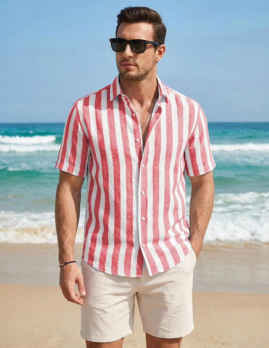 Josh Camicia Uomo – Camicia Rayée Maniche Corte, Style Estate Casual Chic