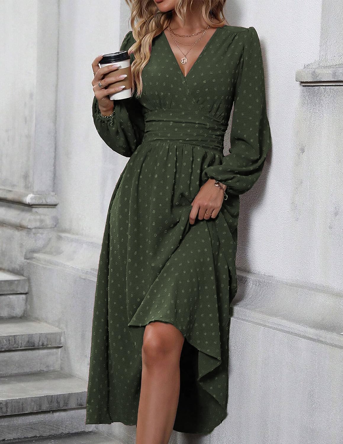 Tierra Abito Donna Pois – Linea a Trapezio, Scollo a V, Vita Alta Plissée Elegante