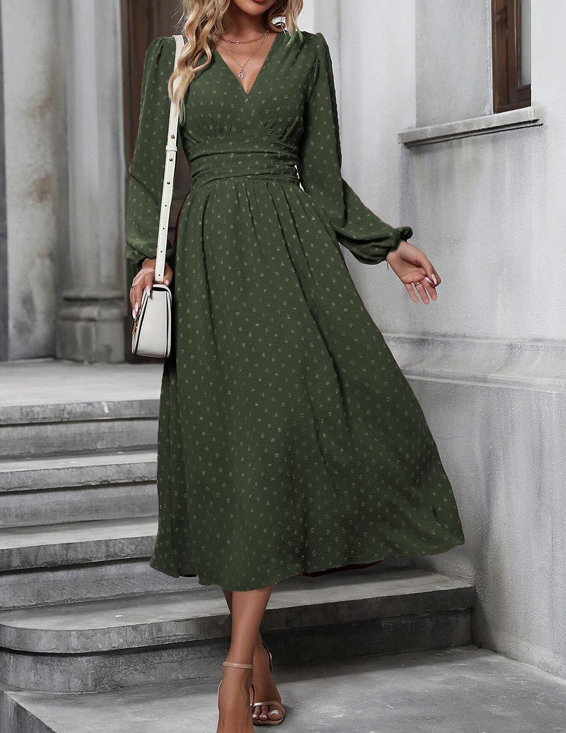 Tierra Abito Donna Pois – Linea a Trapezio, Scollo a V, Vita Alta Plissée Elegante