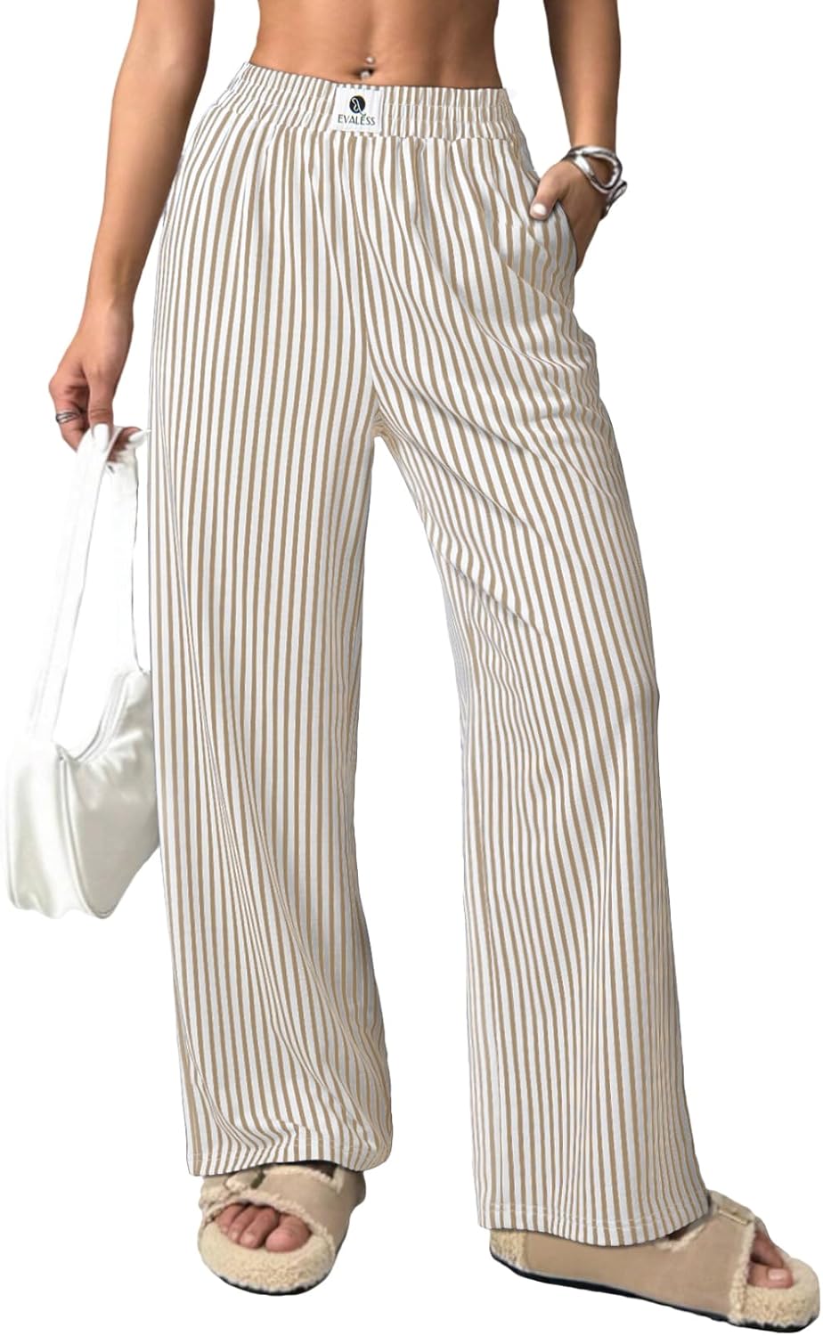 Verna Pantalone Donna Rayé – Linea Large Fluida, Vita Alta Elastica Lounge Estate