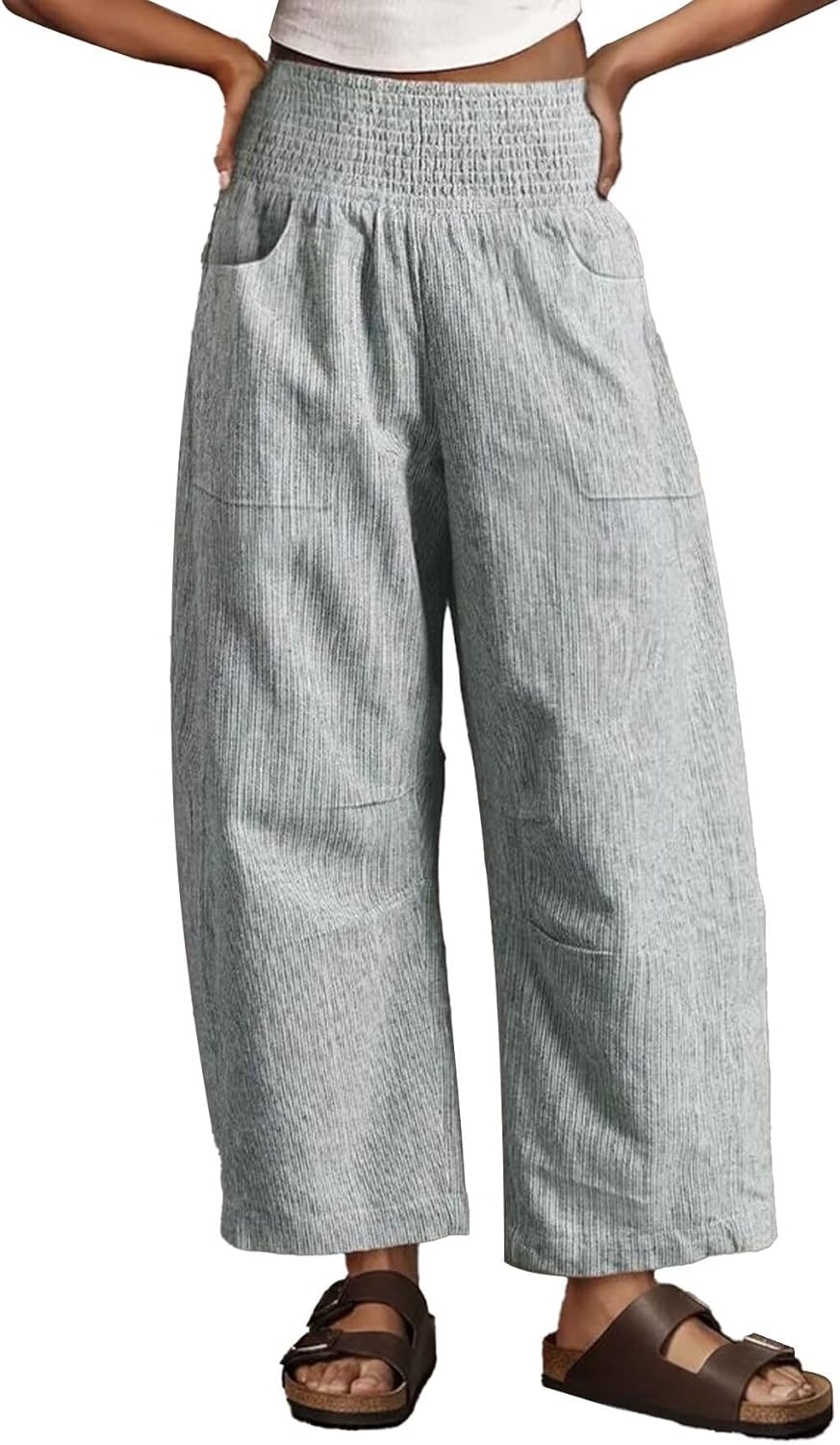 Wella Pantalone Donna Barrel – Linea Large, Vita Alta Smockée, Casual Chic Estate