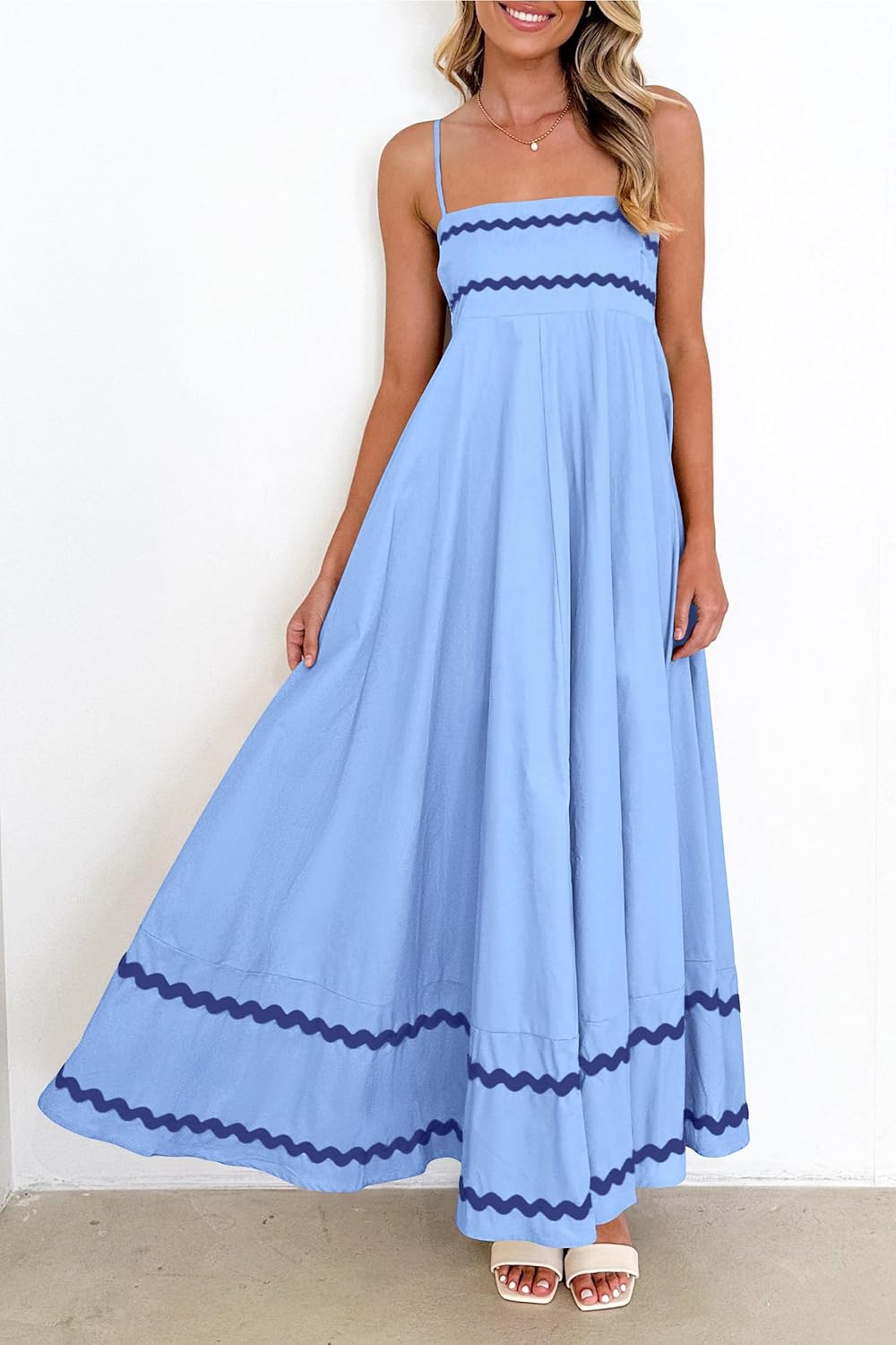 Luan Abito Maxi Donna Estate – Abito Longue Bretella Fines Scollo Quadrato, Balze & Linea Fluida