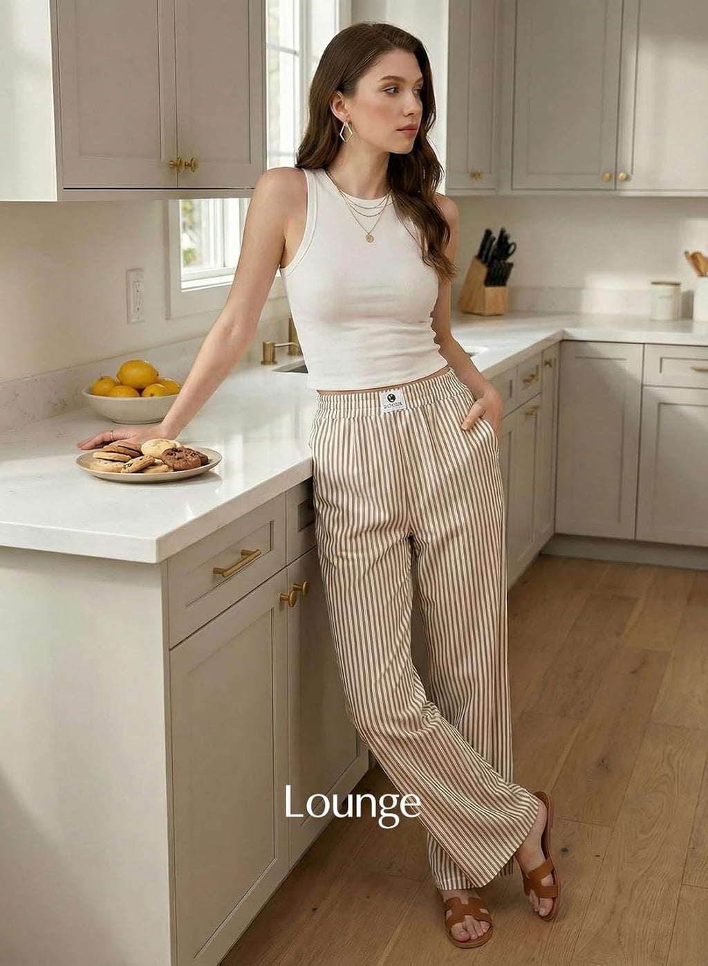 Verna Pantalone Donna Rayé – Linea Large Fluida, Vita Alta Elastica Lounge Estate