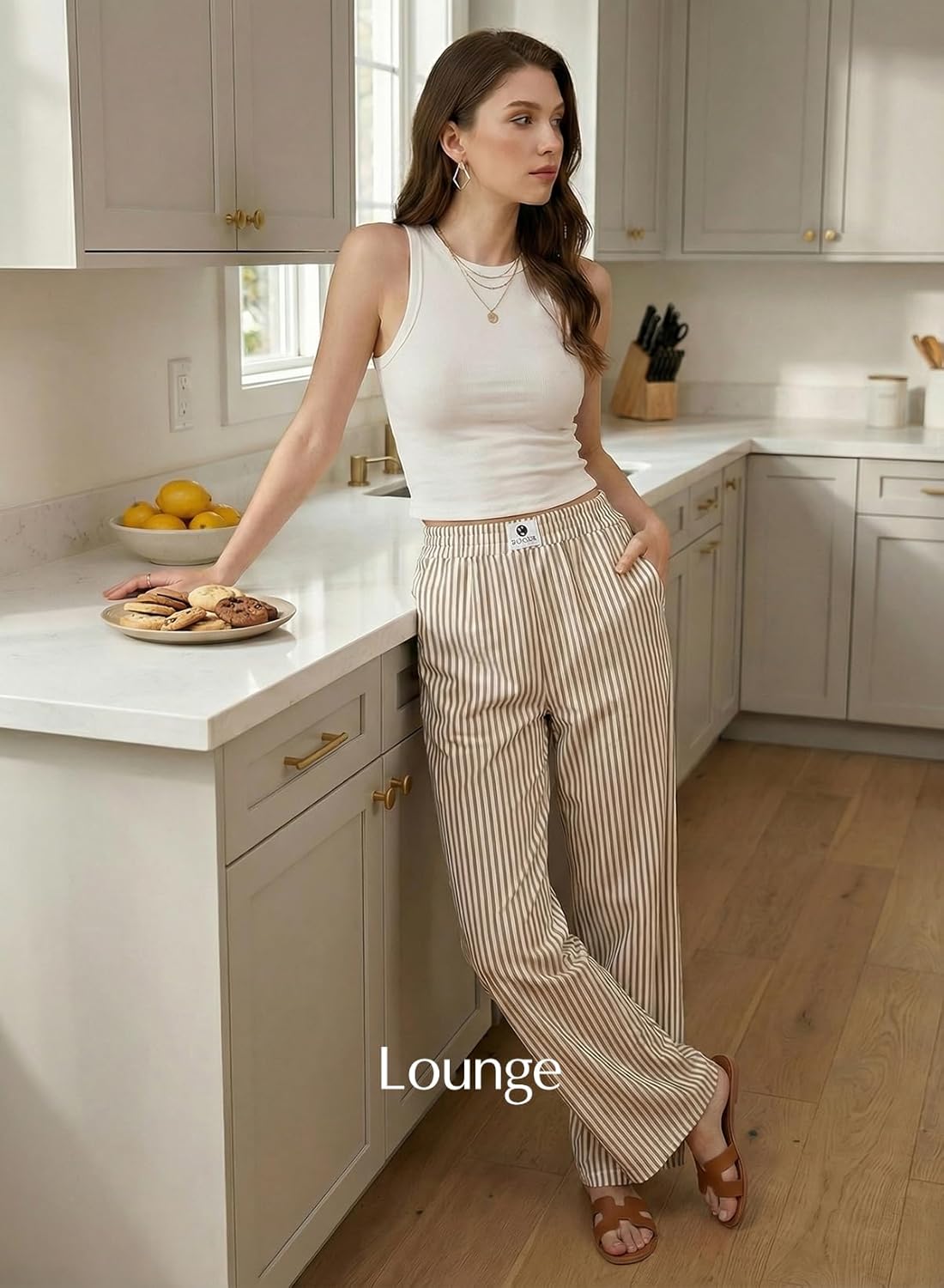 Verna Pantalone Donna Rayé – Linea Large Fluida, Vita Alta Elastica Lounge Estate