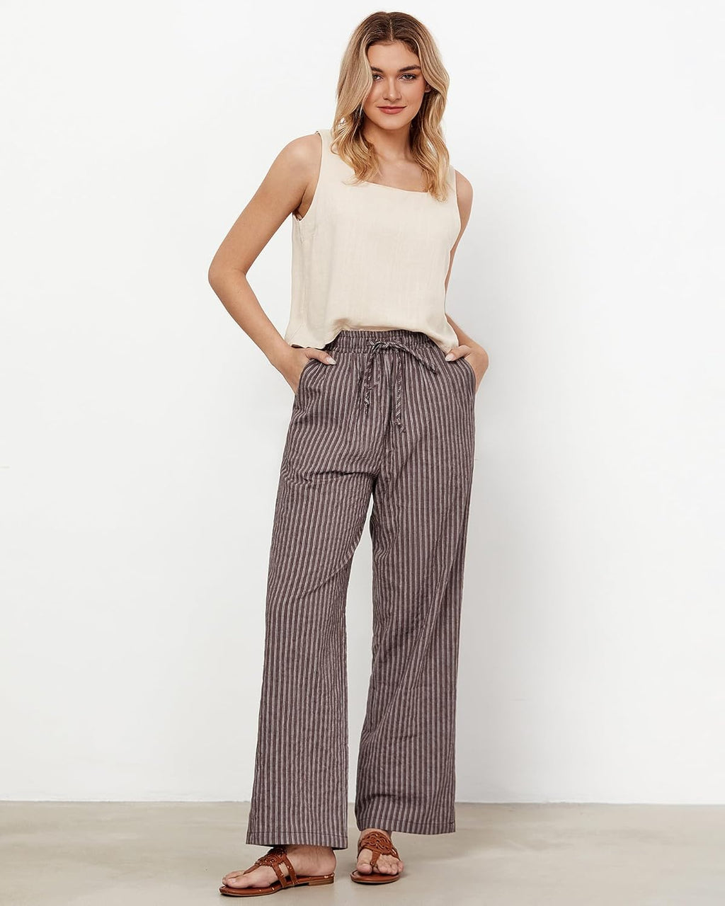 Julie Pantalone Donna Rayé Lin – Linea Large, Vita Alta Elastica Estate Chic